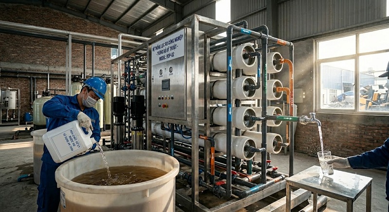Hệ thống lọc nước RO công nghiệp của Tekchem sử dụng hóa chất xử lý nước chuyên dụng để loại bỏ hoàn toàn các ion kim loại nặng vô cơ độc hại.