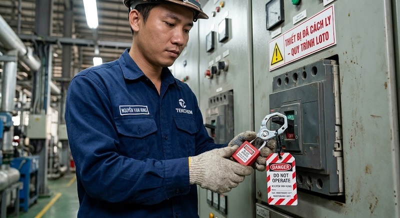 Minh họa nguyên tắc "Một người, một khóa, một chìa" trong quy trình an toàn LOTO.