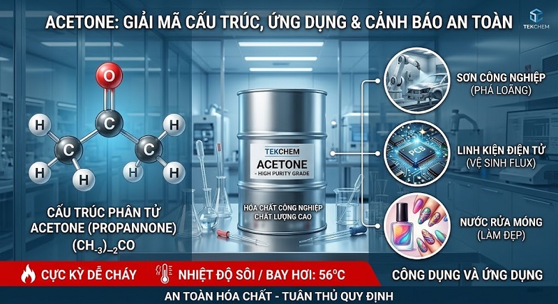 Acetone dùng để làm gì? Tổng hợp 10 Ứng dụng và Lưu ý an toàn từ chuyên gia Tekchem
