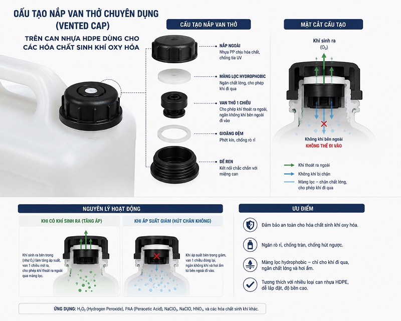 Can nhựa HDPE chứa H2O2 với nắp van thở thoát khí tự động