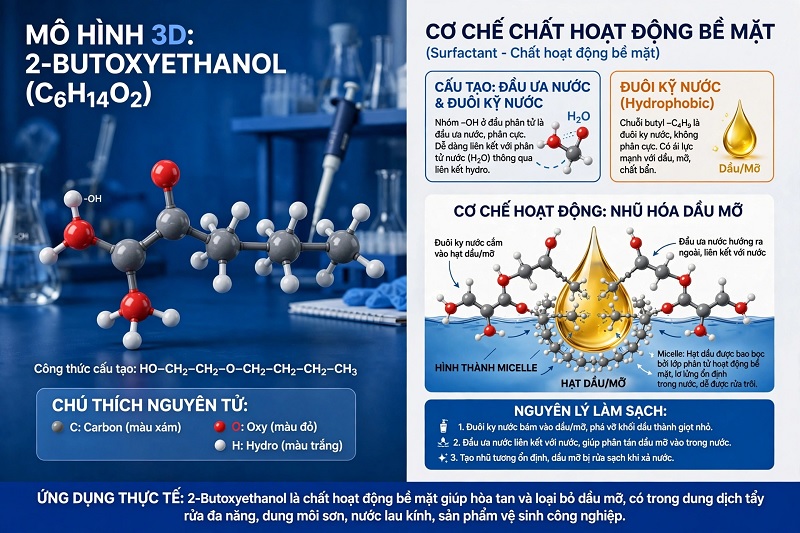 Cấu trúc phân tử lưỡng tính C6H14O2 và cơ chế hòa tan dầu mỡ trong nước của Butyl Cellosolve.