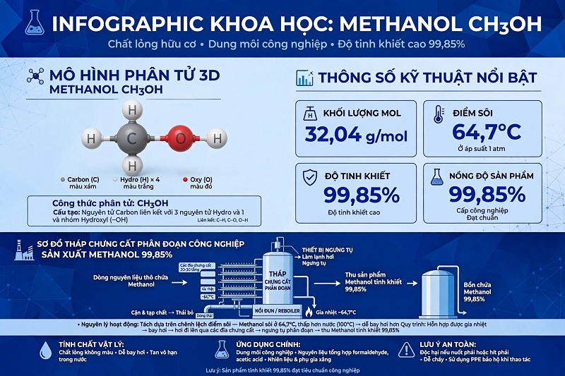 Cấu trúc phân tử Methanol (CH3OH) và sơ đồ chưng cất tinh chế đa cấp
