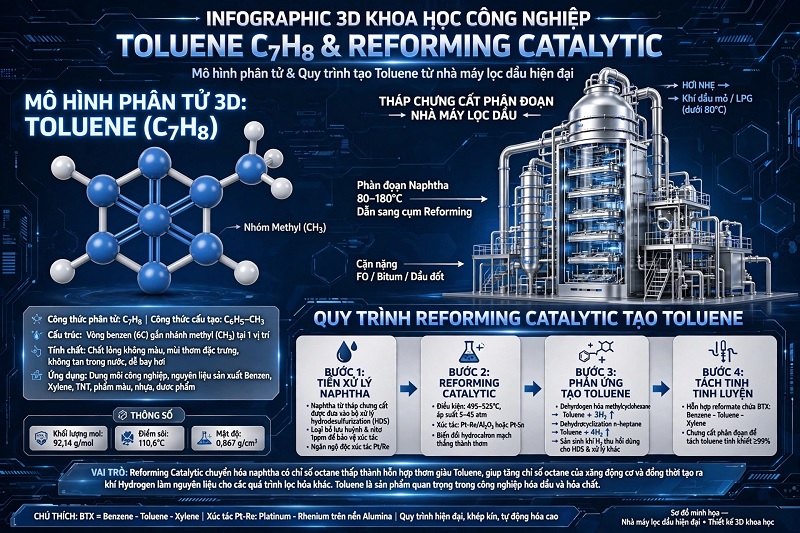 Cấu trúc phân tử Toluene (C7H8) và quy trình chiết xuất từ dòng Reformate trong nhà máy lọc dầu