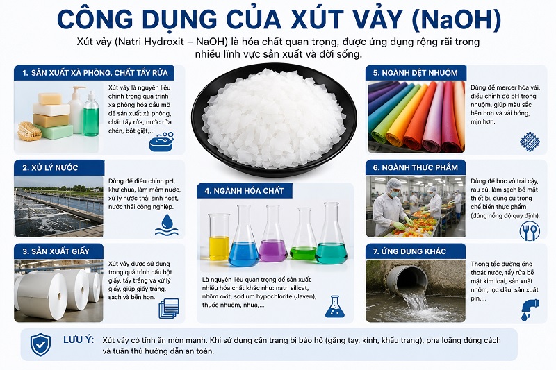 Xút vảy NaOH là hóa chất quan trọng được ứng dụng rộng rãi trong nhiều lĩnh vực sản xuất