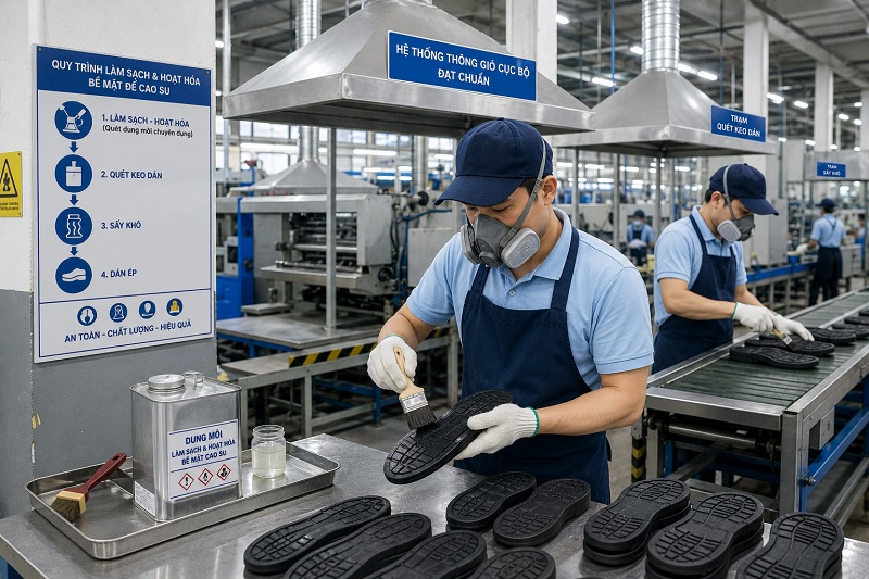 Công nhân thực hiện quét dung môi hoạt hóa bề mặt đế giày cao su trước khi dán keo