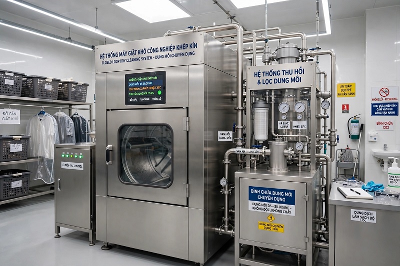 Hệ thống máy giặt khô công nghiệp khép kín tự động trong nhà xưởng
