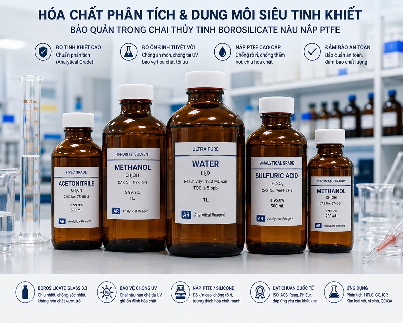 Các chai thủy tinh nâu bảo quản hóa chất và dung môi trong tủ an toàn phòng thí nghiệm