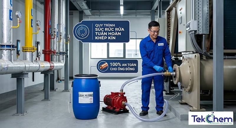 Kỹ sư Tekchem sử dụng hóa chất vệ sinh Chiller