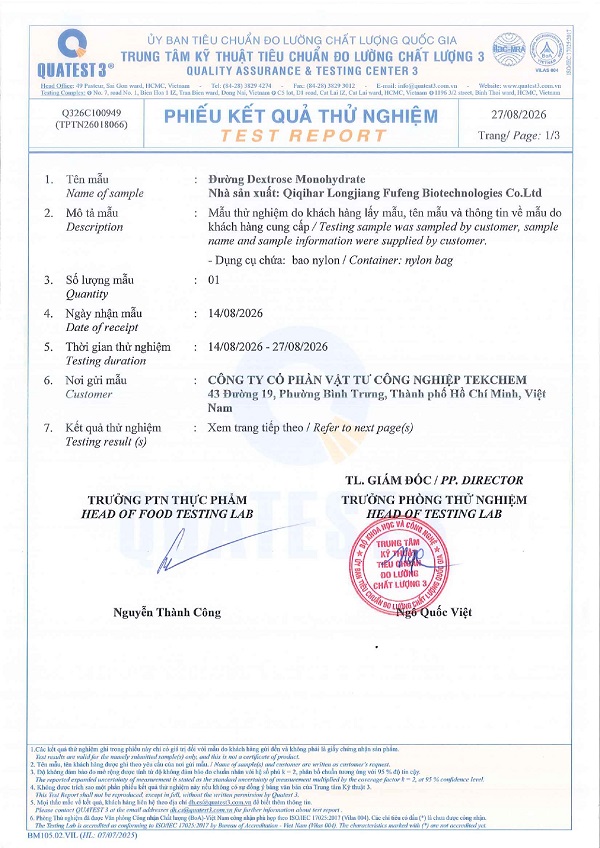 Hồ sơ công bố sản phẩm Đường Dextrose Monohydrate C6H12O6 25kg/bao trang 5