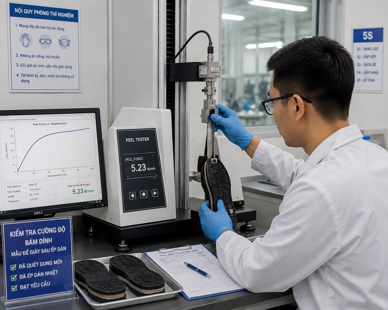 Kiểm tra cường độ bám dính của lớp keo trên đế giày cao su tại phòng kỹ thuật.