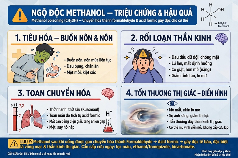 Dấu hiệu ngộ độc Methanol gồm buồn nôn nôn và rối loạn thần kinh