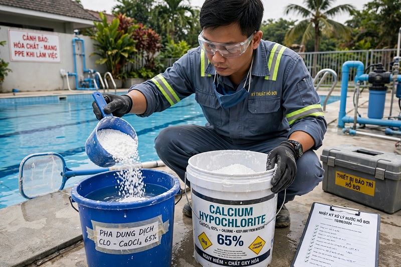 Xử lý nước bể bơi bằng Clorua vôi