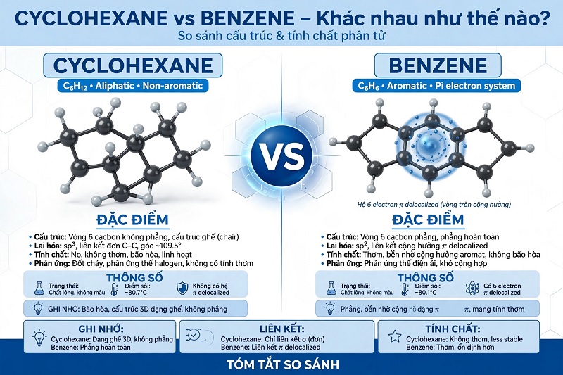 So sánh cyclohexane và benzen về cấu tạo và tính chất