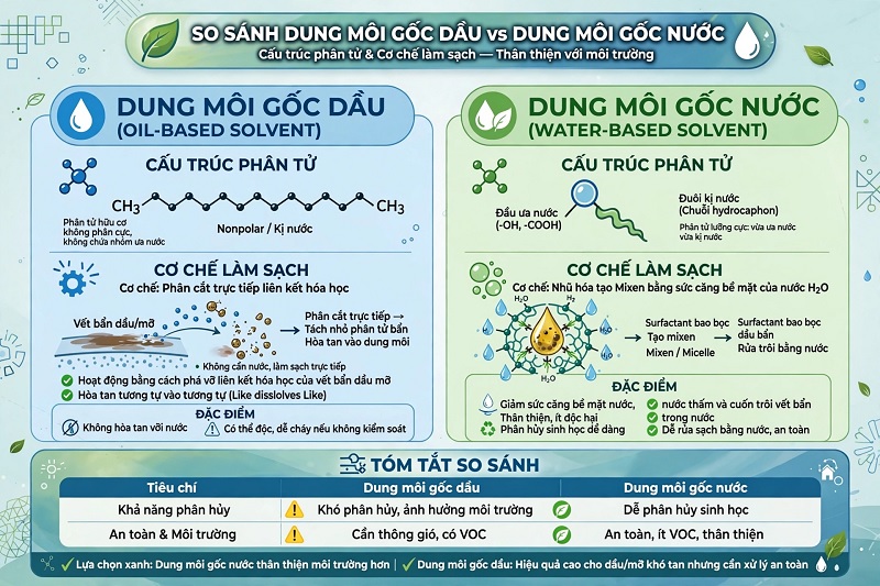 Sự khác biệt về cơ chế làm sạch giữa dung môi gốc nước và dung môi gốc dầu