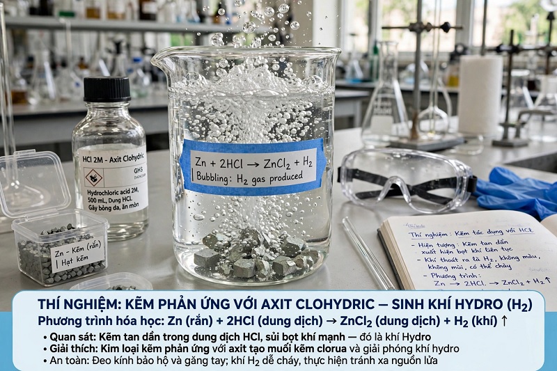 Hiện tượng sủi bọt khí khi Kẽm tác dụng với axit clohidric