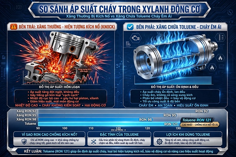 Toluene công nghiệp giúp dập tắt hiện tượng kích nổ sớm và nâng cao chỉ số Octan RON cho nhiên liệu động cơ