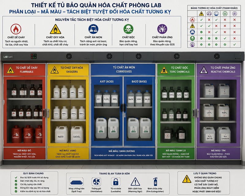 Tủ chống cháy chứa hóa chất phòng lab tiêu chuẩn với các ngăn phân tách