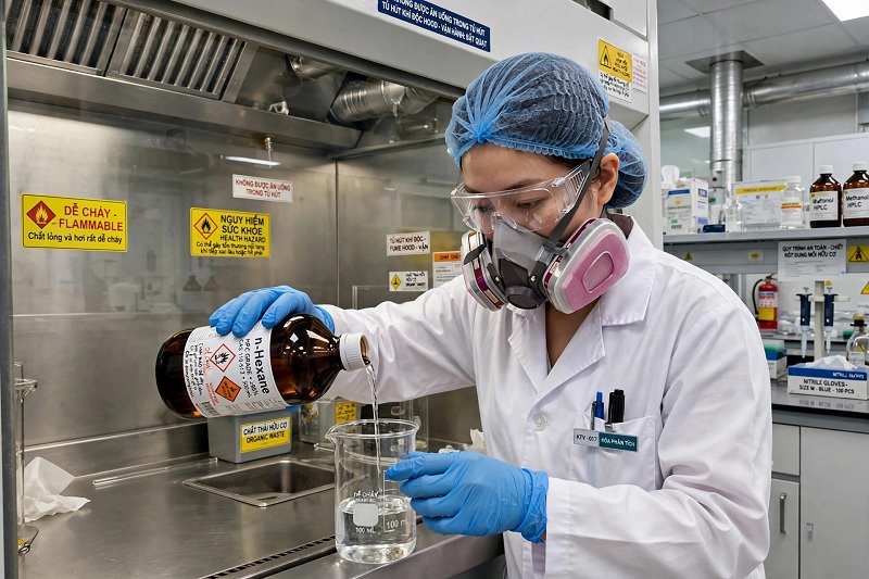 Tuân thủ quy tắc an toàn nghiêm ngặt khi thao tác với dung môi n-Hexane trong phòng phân tích