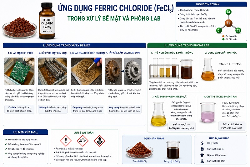 Ứng dụng Ferric Chloride FeCl3 trong xử lý bề mặt và phòng lab