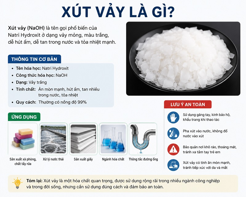 Xút vảy là tên gọi thương mại và dân dã của hợp chất Natri Hydroxit (Sodium Hydroxide), có công thức hóa học là NaOH