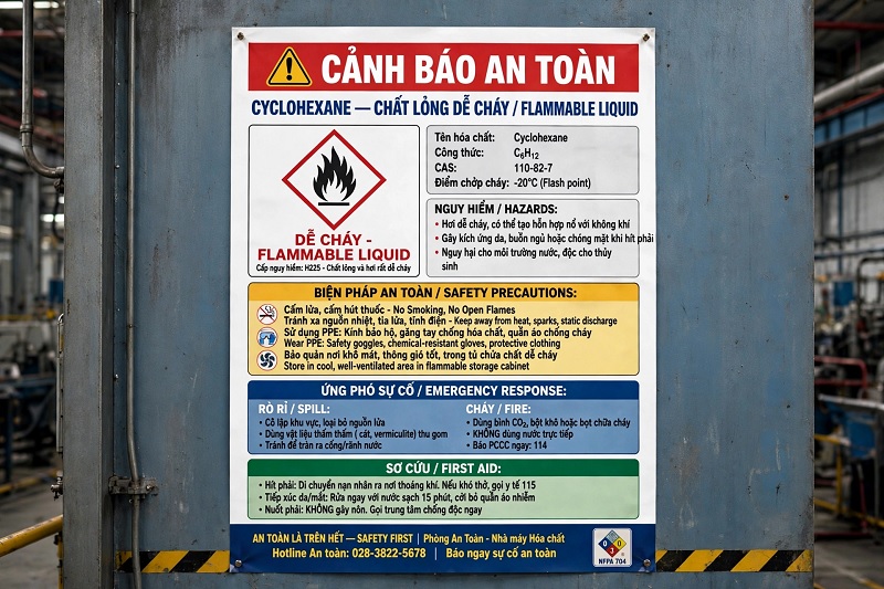 Cảnh báo an toàn khi sử dụng Cyclohexane Cảnh báo an toàn Cyclohexane chất lỏng dễ cháy