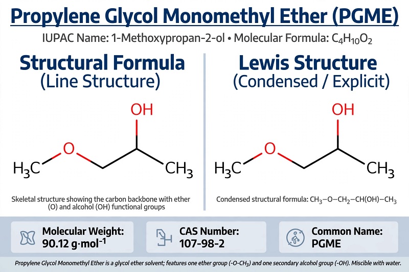 Cấu trúc hóa học Propylene Glycol Monomethyl Ether (PGME) Cấu trúc hóa học Propylene Glycol Monomethyl Ether PGME dung môi PM
