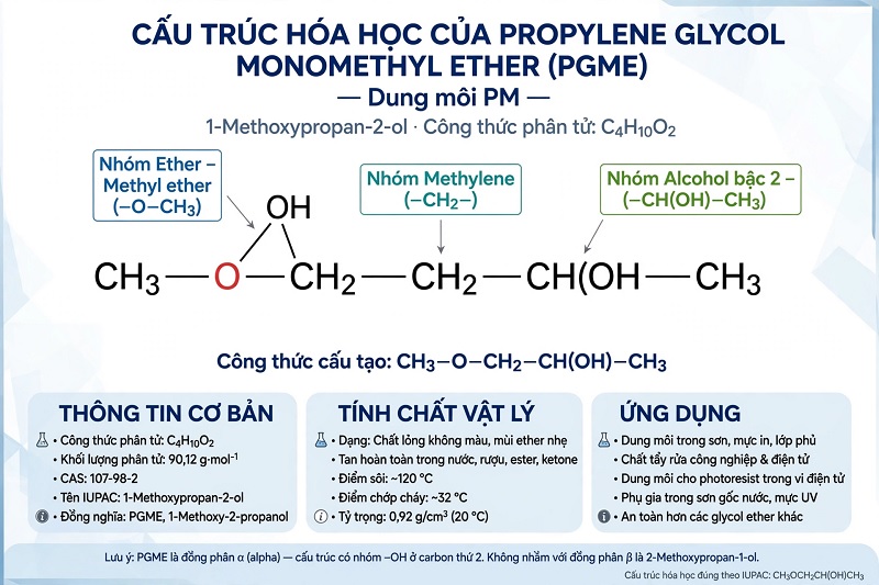 Cấu trúc hóa học dung môi PM PGME Propylene Glycol Monomethyl Ether