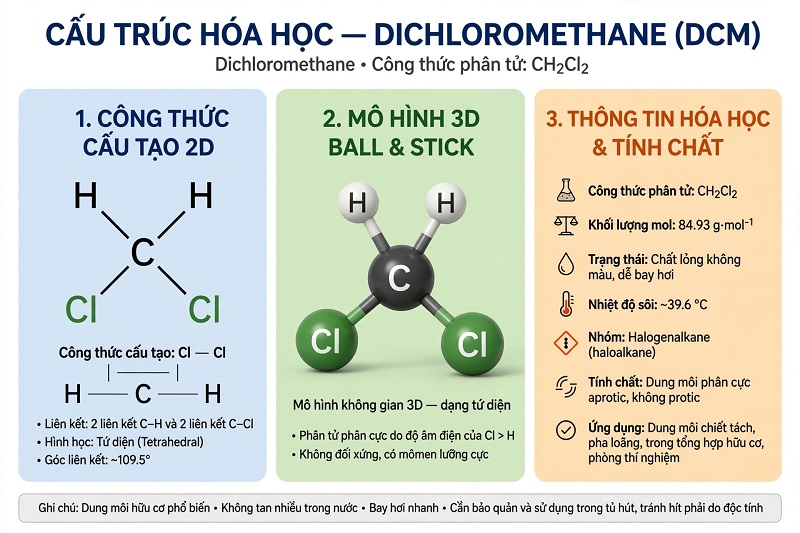 Cấu trúc hóa học dung môi DCM Dichloromethane CH2Cl2