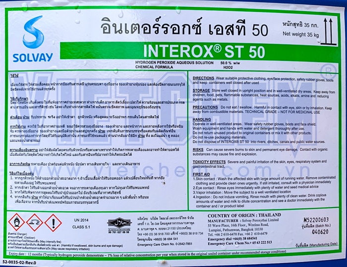 Hydrogen peroxide H2O2 50% Thái Lan 30 kg 1 can
