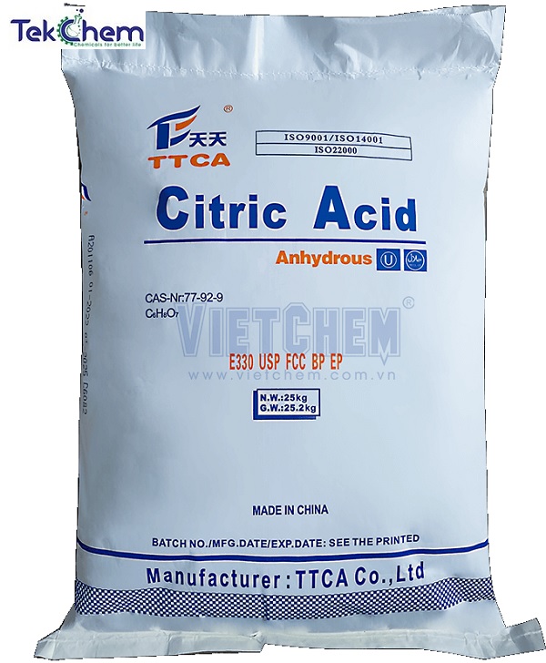 Acid citric anhydrous food grade C6H8O7, Trung Quốc, 25kg/bao