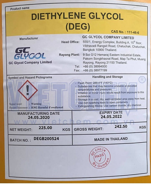 Diethylene glycol C4H10O3 99%, Thái Lan, 225kg/phuy 111-46-6