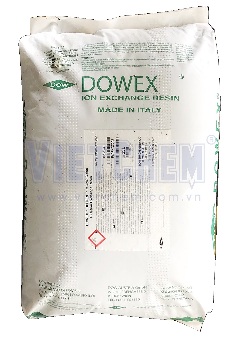 Hạt lọc nước Cationit tính axít Dowex Mono-600H, Italia, 25 lít/bao