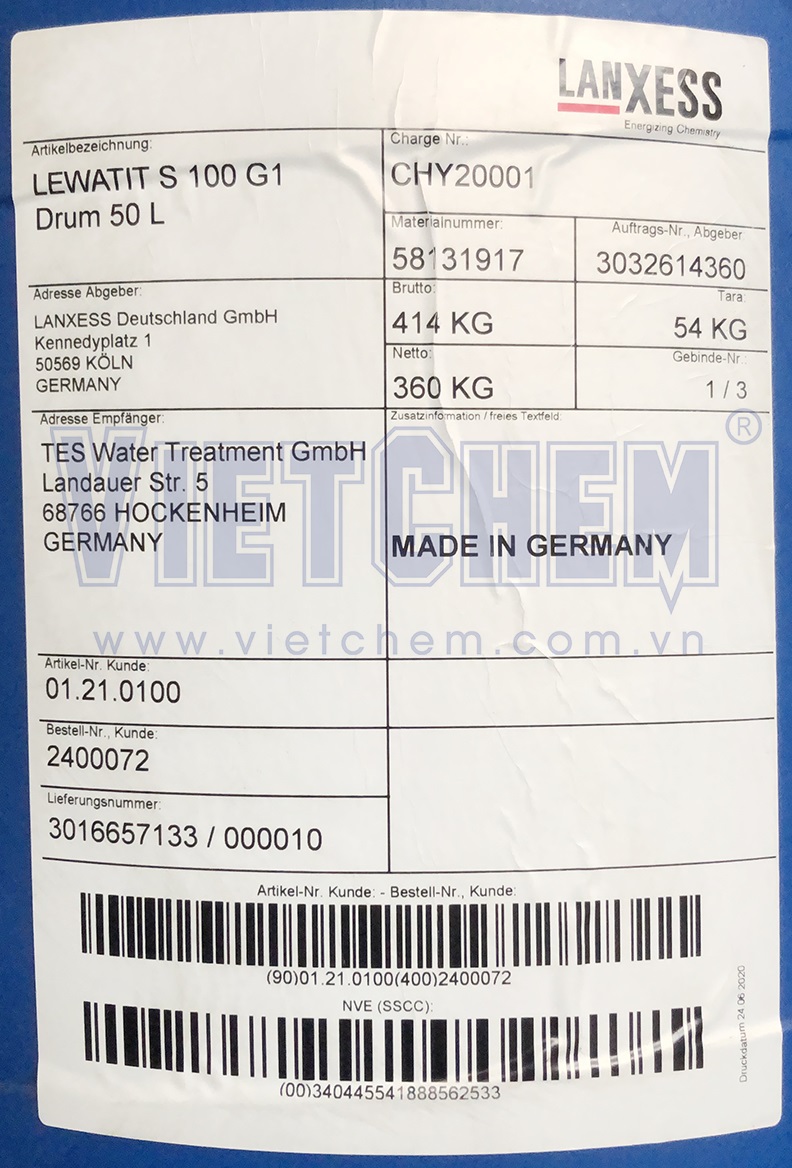 Hạt nhựa trao đổi ion Lewatit S 100 G1 Exchange Resin, Đức, 50lít/thùng 69011-20-7