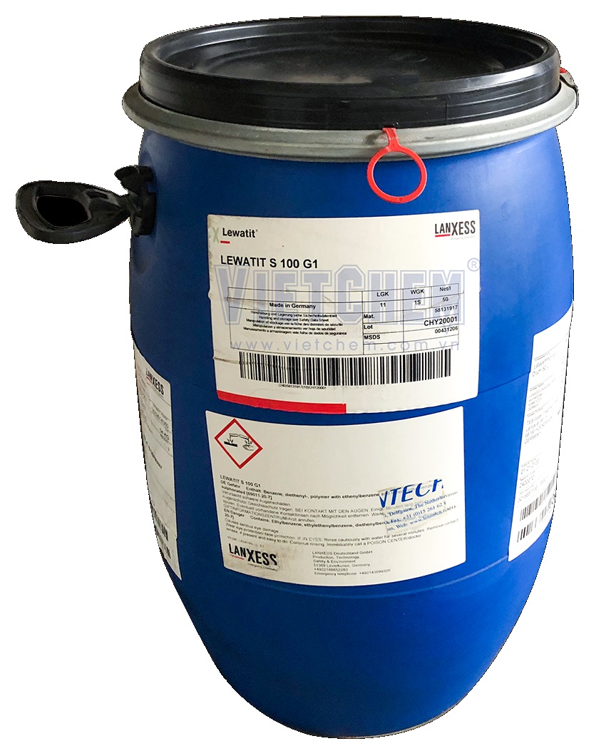 Hạt nhựa trao đổi ion Lewatit S 100 G1 Exchange Resin, Đức, 50lít/thùng