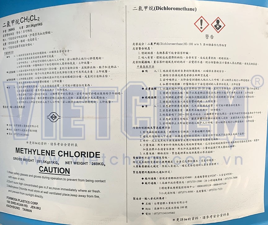 Methylene Chloride (MC) CH2Cl2 99%, Đài Loan, 270kg/phuy 75-09-2
