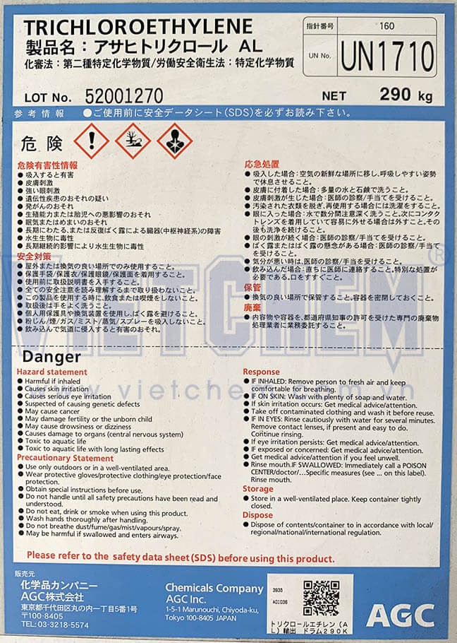Trichloroethylene (TCE) C2HCl3, 290kg/phuy 79-01-6