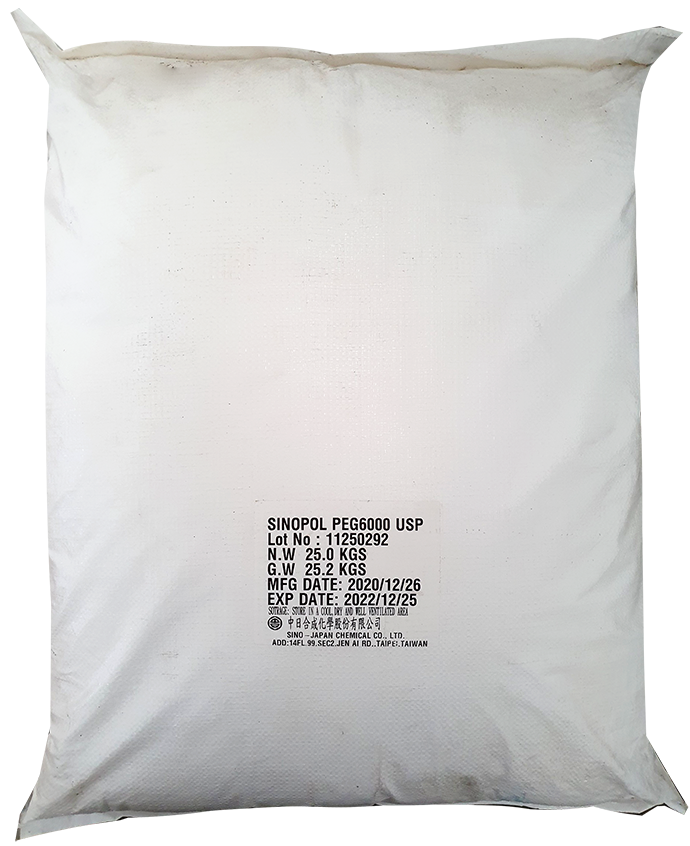 Polyethylene glycol (PEG 6000),  Trung Quốc, 25kg/bao 25322-68-3