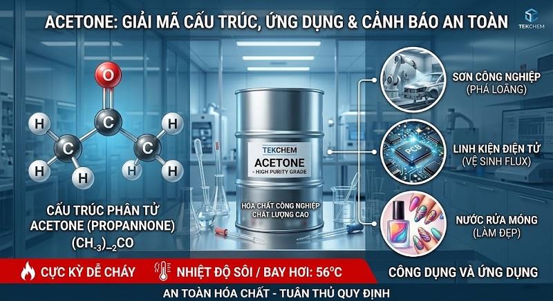 Acetone dùng để làm gì? Tổng hợp 10 Ứng dụng và Lưu ý an toàn từ chuyên gia Tekchem