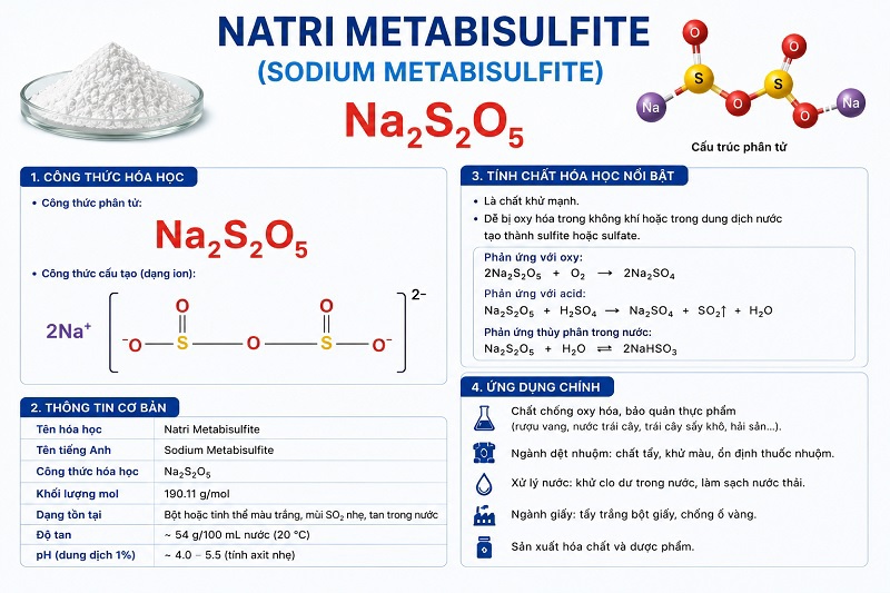 Natri Metabisulfite Na2S2O5 là gì? Ứng dụng và lưu ý an toàn