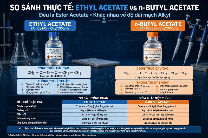 Ethyl Acetate và Butyl Acetate khác nhau thế nào? So sánh chi tiết